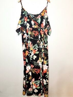SHEIN 4X Tropical Floral Cold Shoulder Wrap Maxi Dress Black
